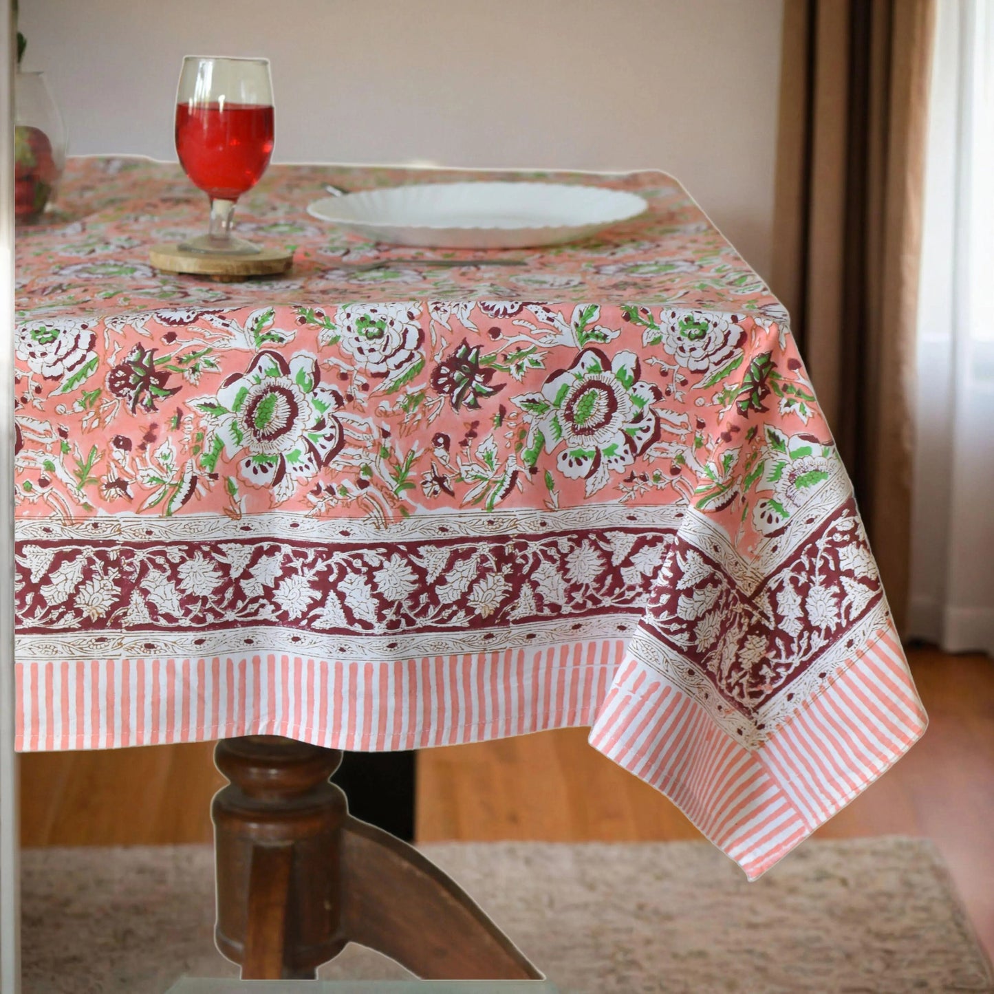 Peach Pink and White 60x90 6 Seater Indian Hand Block Printed Floral Tablecloth, Wedding Home Party Event Restaurant Outdoor Gift Dinner