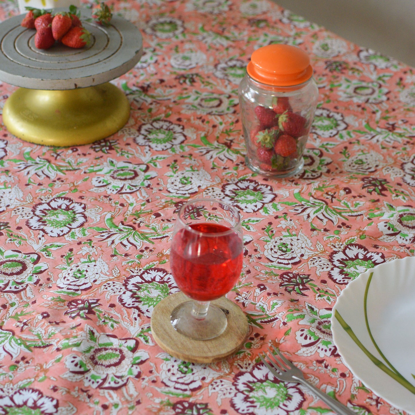 Peach Pink and White 60x90 6 Seater Indian Hand Block Printed Floral Tablecloth, Wedding Home Party Event Restaurant Outdoor Gift Dinner