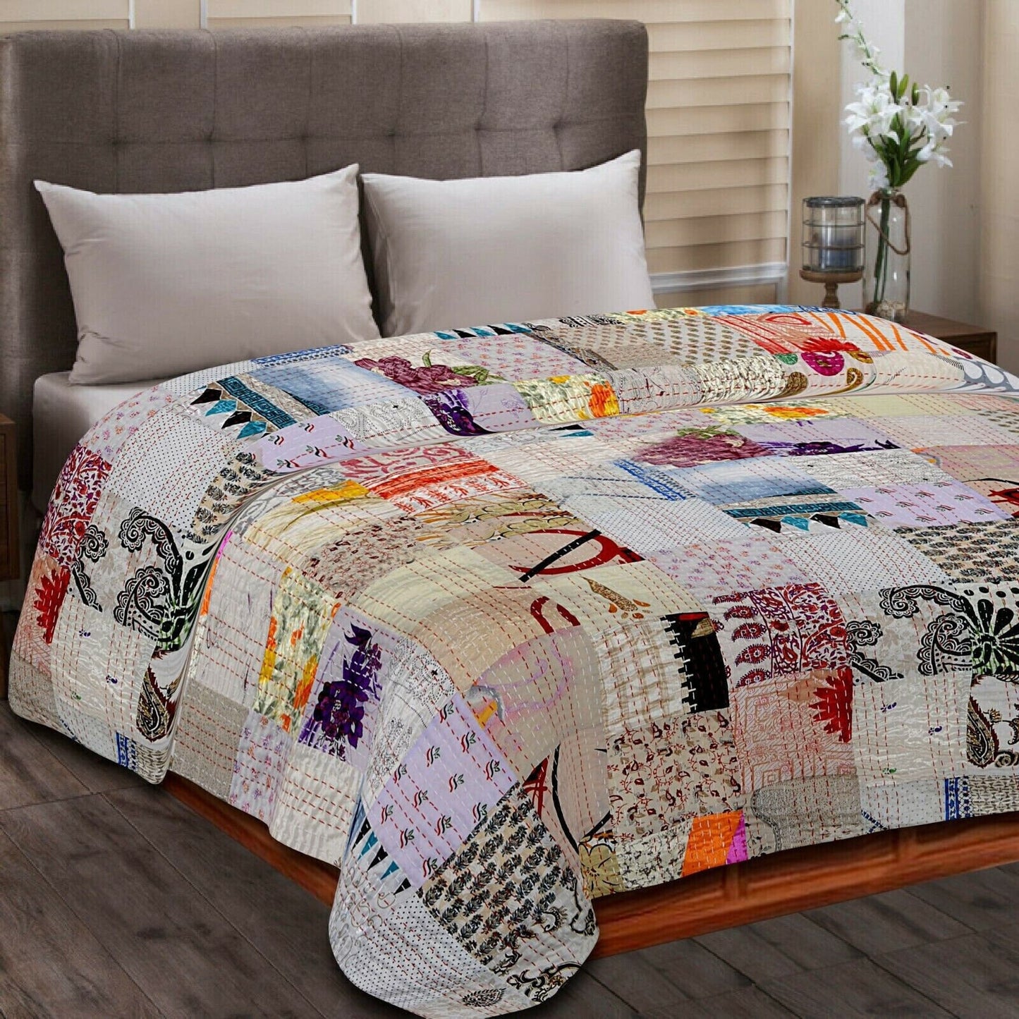 Handmade Silk Patchwork Quilts Patola Indian Vintage Kantha Bedspread Throw Cotton Handmade Quilt Patchwork Blanket