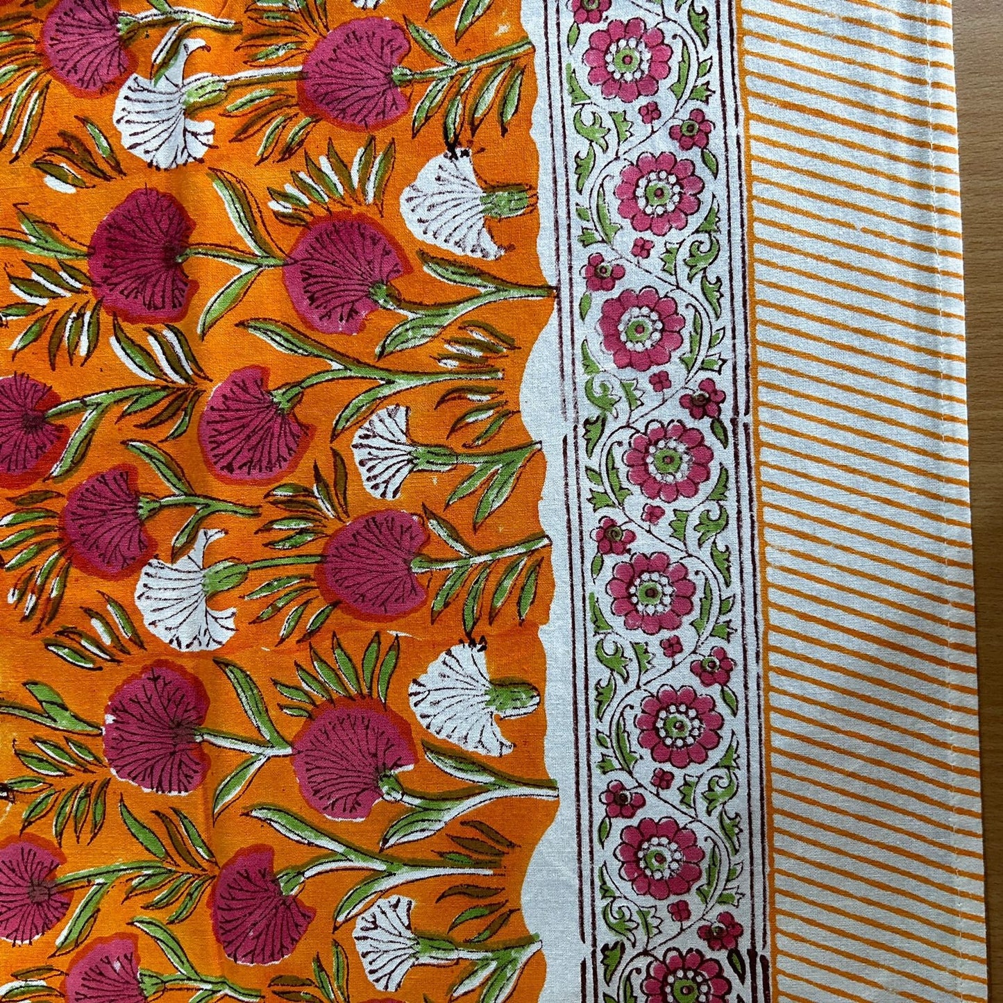 Tangerine Orange and Pink Indian 60x90 Inches Hand Block Printed Floral Tablecloth, Wedding Home Party Event Restaurant Outdoor Gift Dinner