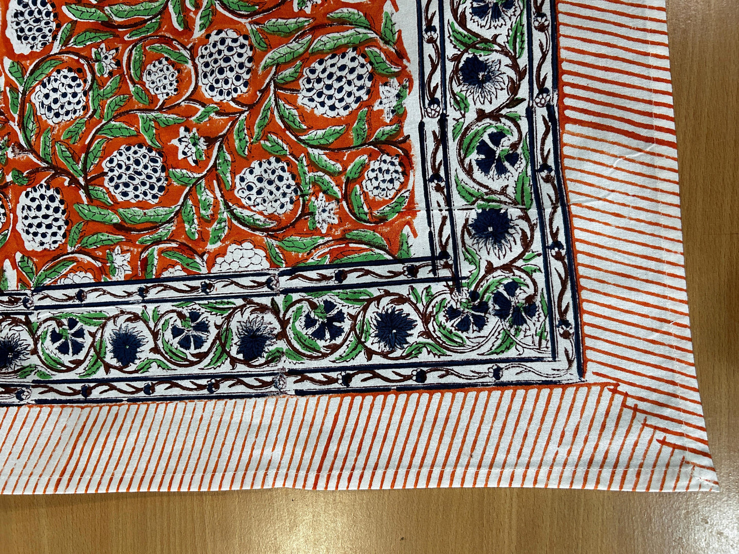 Neon Orange and Sage Green Indian 60x90 Inches Hand Block Printed Floral Tablecloth, Wedding Home Party Event Restaurant Outdoor Gift Dinner