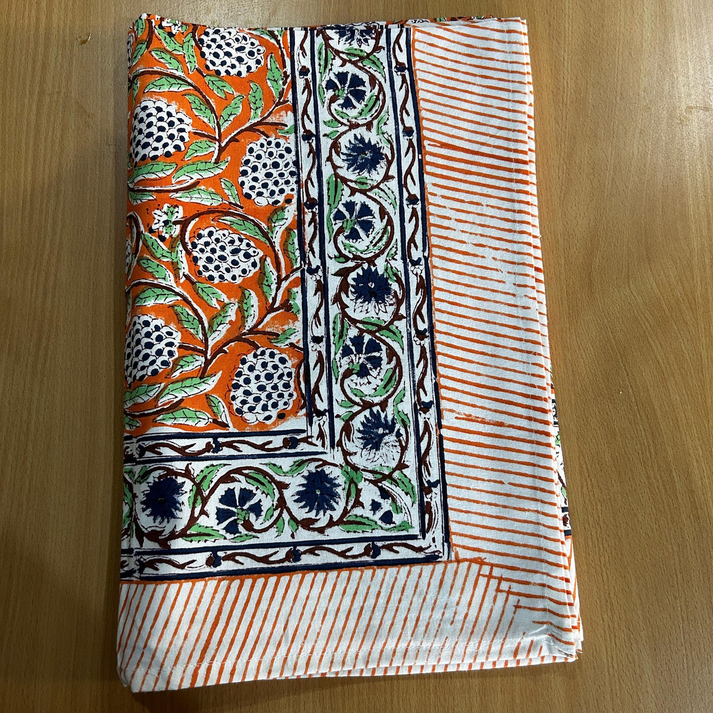 Neon Orange and Sage Green Indian 60x90 Inches Hand Block Printed Floral Tablecloth, Wedding Home Party Event Restaurant Outdoor Gift Dinner