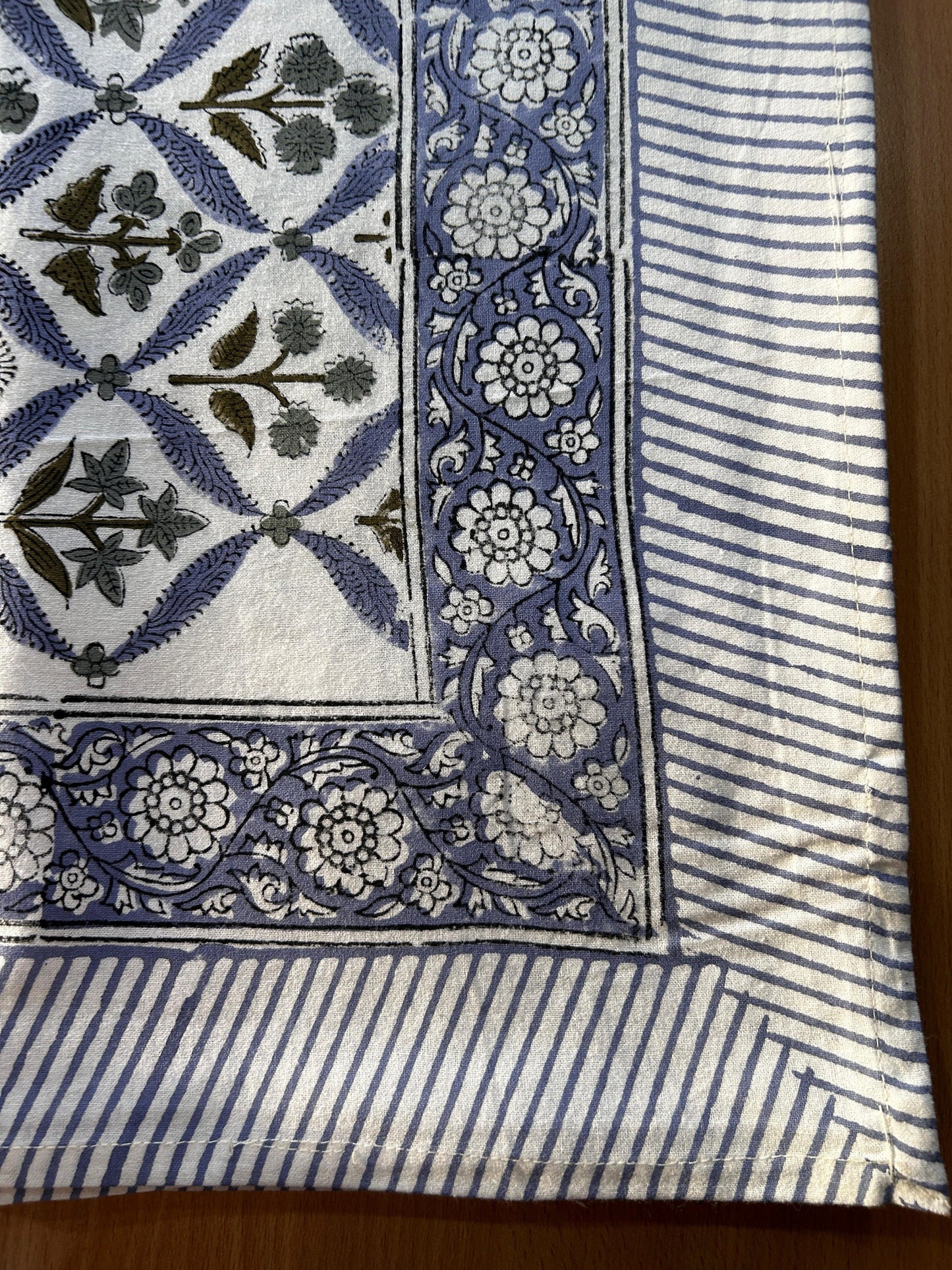Light Steel Blue, Olive Green Hand Block Printed Cotton Tablecloth, Dining Table Cover Farmhouse Party Wedding Home Housewarming Baby Shower