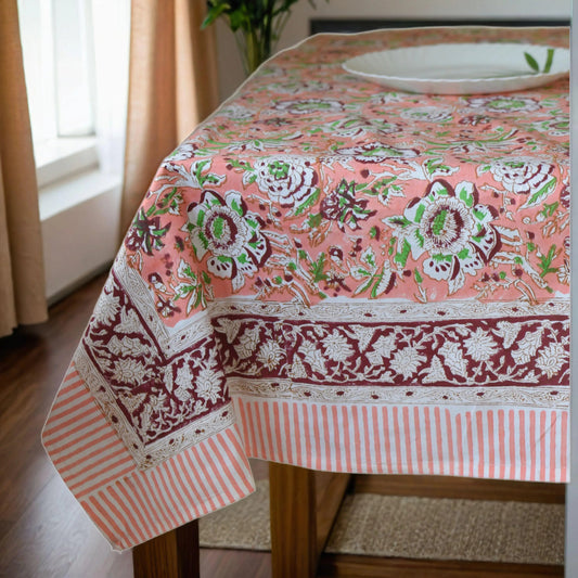 Peach Pink and White 60x90 6 Seater Indian Hand Block Printed Floral Tablecloth, Wedding Home Party Event Restaurant Outdoor Gift Dinner