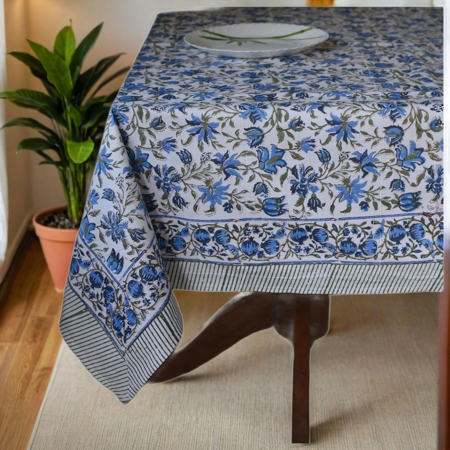 Azure Blue and Green Indian 60x90 Inches Hand Block Printed Floral Tablecloth, Wedding Home Party Event Restaurant Patio Outdoor Gift Dinner