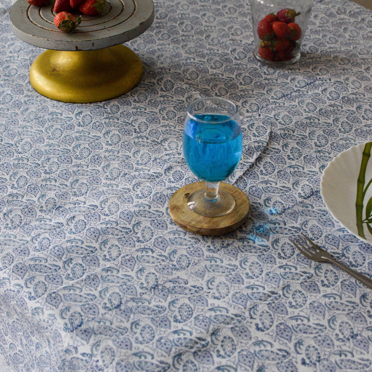 Light Blue and White Indian 60x90 Inches Hand Block Printed Floral Tablecloth, Wedding Home Party Event Restaurant Patio Outdoor Gift Dinner