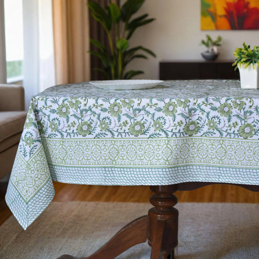 Sage Green and White Indian 60x90 Inches Hand Block Printed Floral Tablecloth, Wedding Home Party Event Restaurant Patio Outdoor Gift Dinner