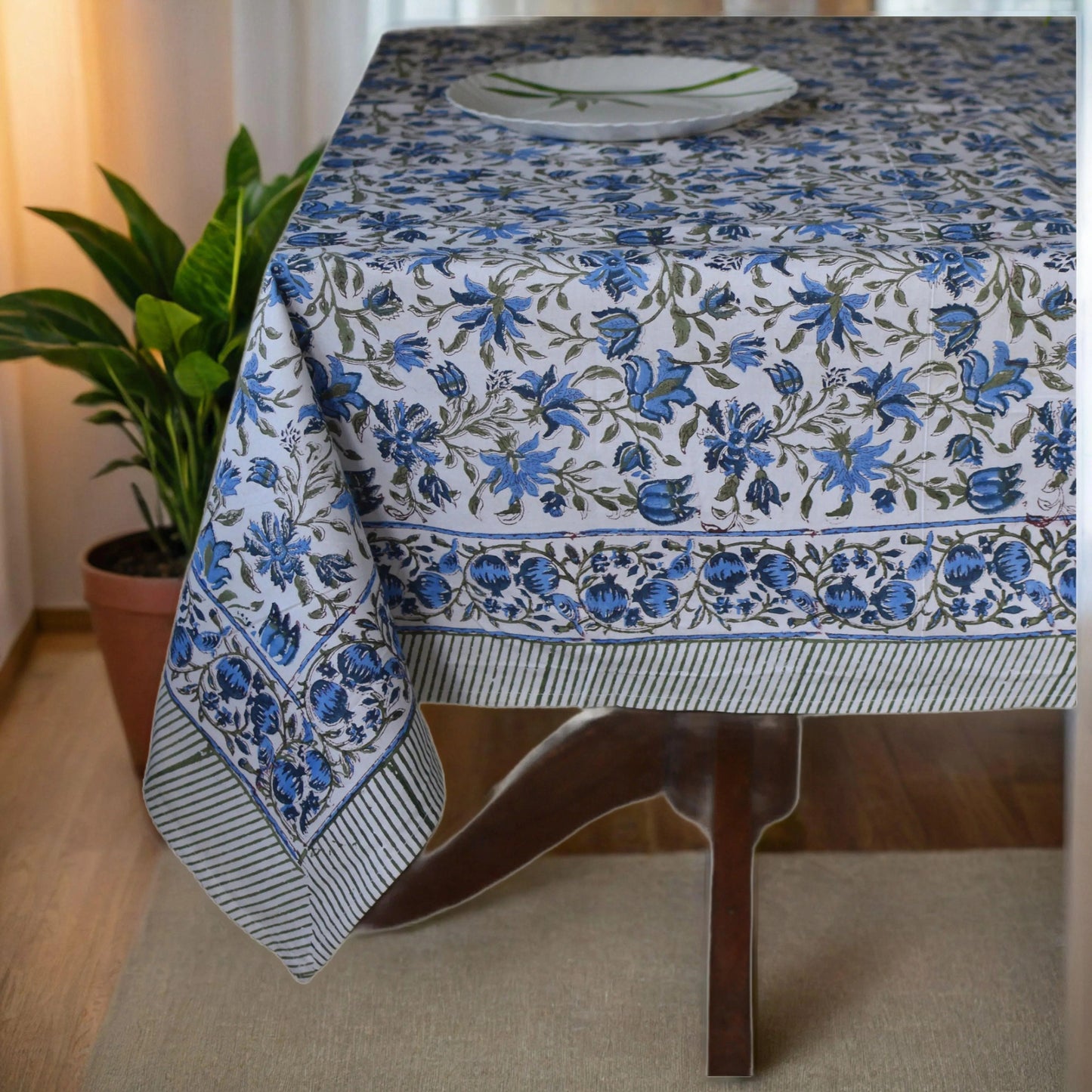 Azure Blue and Green Indian 60x90 Inches Hand Block Printed Floral Tablecloth, Wedding Home Party Event Restaurant Patio Outdoor Gift Dinner