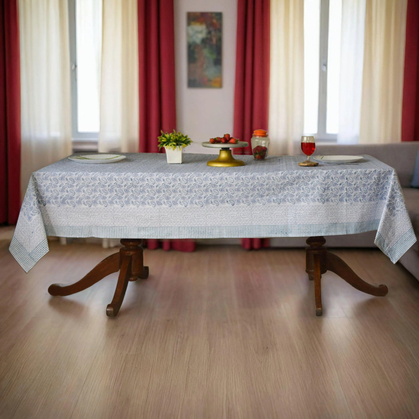 Light Blue and White Indian 60x90 Inches Hand Block Printed Floral Tablecloth, Wedding Home Party Event Restaurant Patio Outdoor Gift Dinner