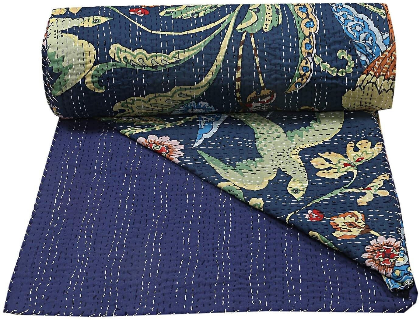 100%Cotton Kantha Quilt King Size Bedspread Handmade Blanket Navy Blue Bedcover Peacock Feathers Design HandBlock