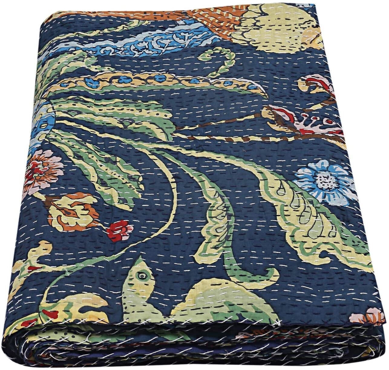 100%Cotton Kantha Quilt King Size Bedspread Handmade Blanket Navy Blue Bedcover Peacock Feathers Design HandBlock