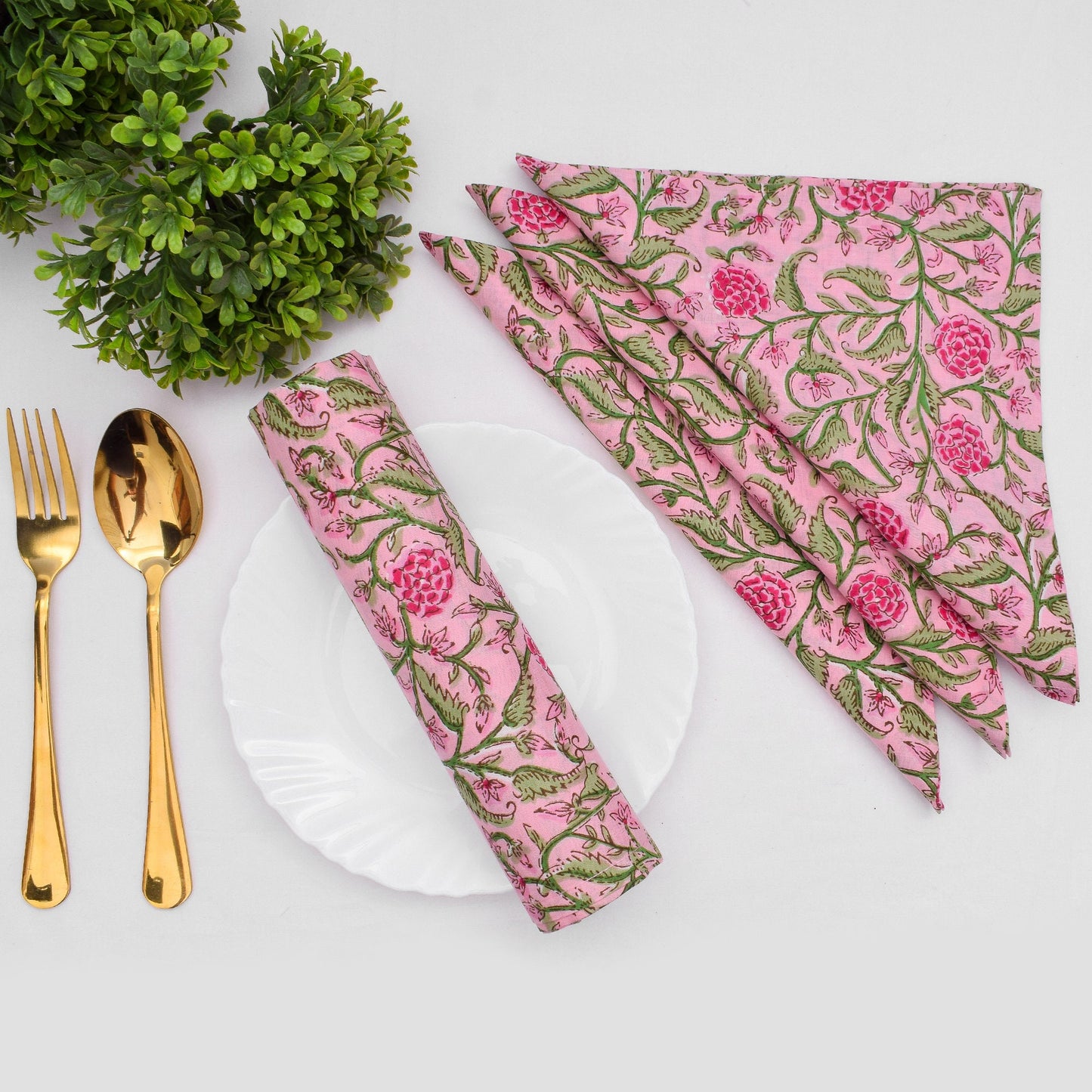 Baby Pink and Green Indian Hand Block Floral Cotton linen Cloth Napkins for Dinner Housewarming Parties Wedding Events Dinning accessories