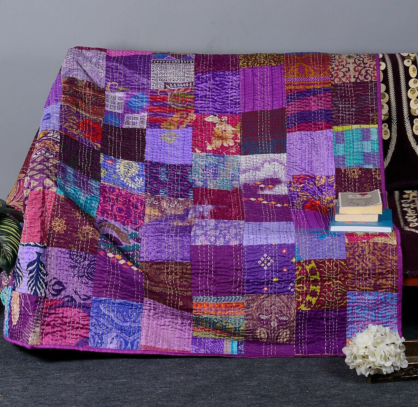 Handmade Silk Patchwork Quilts Patola Indian Vintage Kantha Bedspread Throw Cotton Handmade Quilt Patchwork Blanket