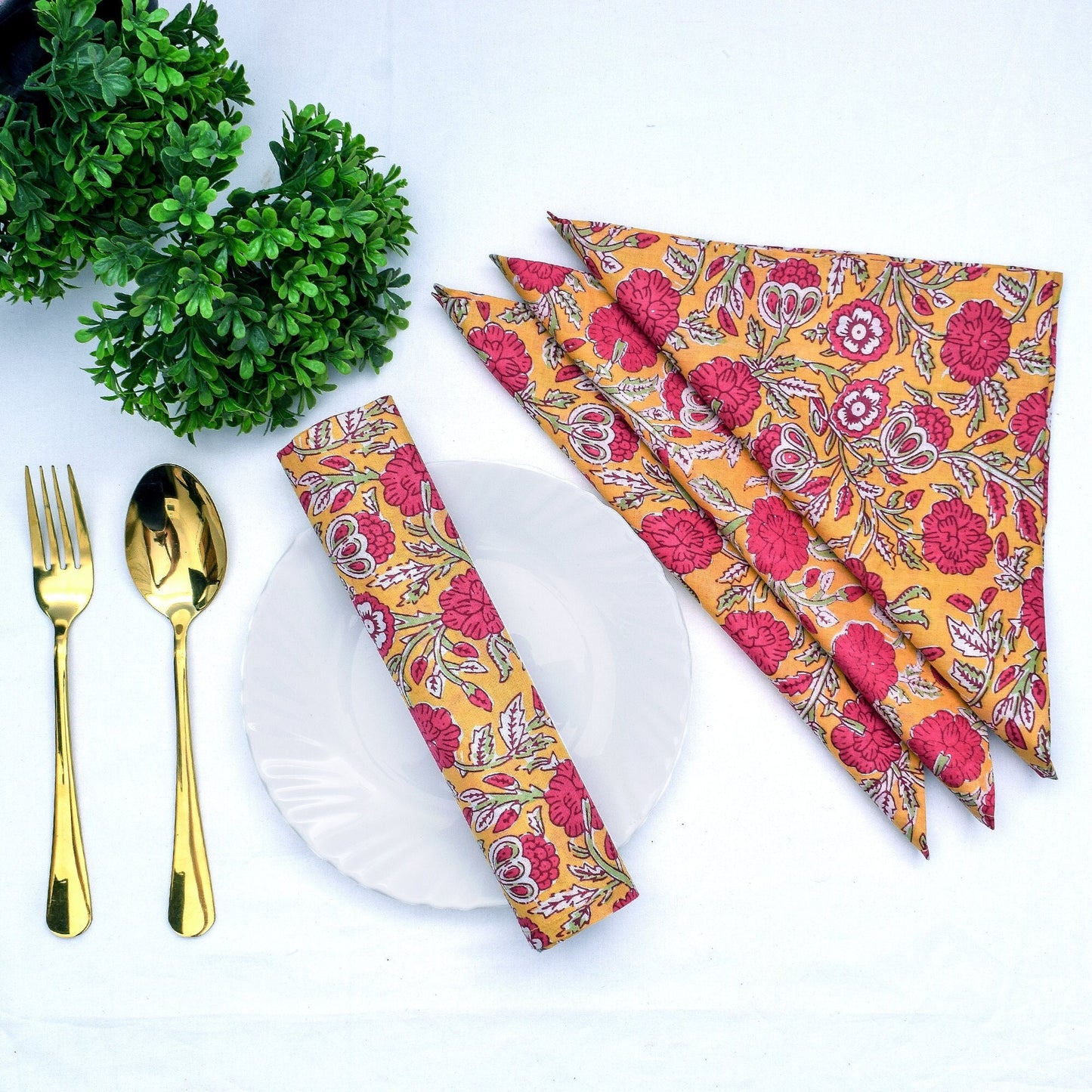 Mustard And Pink Indian Hand Block Floral Cotton linen Cloth Napkins,Wedding Events Home Party,9x9"-Cocktail 20x20"-Dinner All Sizes