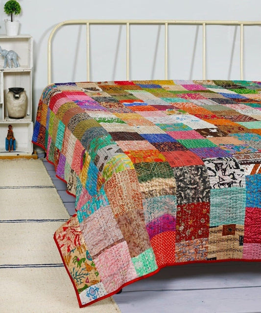 Handmade Silk Patchwork Quilts Patola Indian Vintage Kantha Bedspread Throw Cotton Handmade Quilt Patchwork Blanket