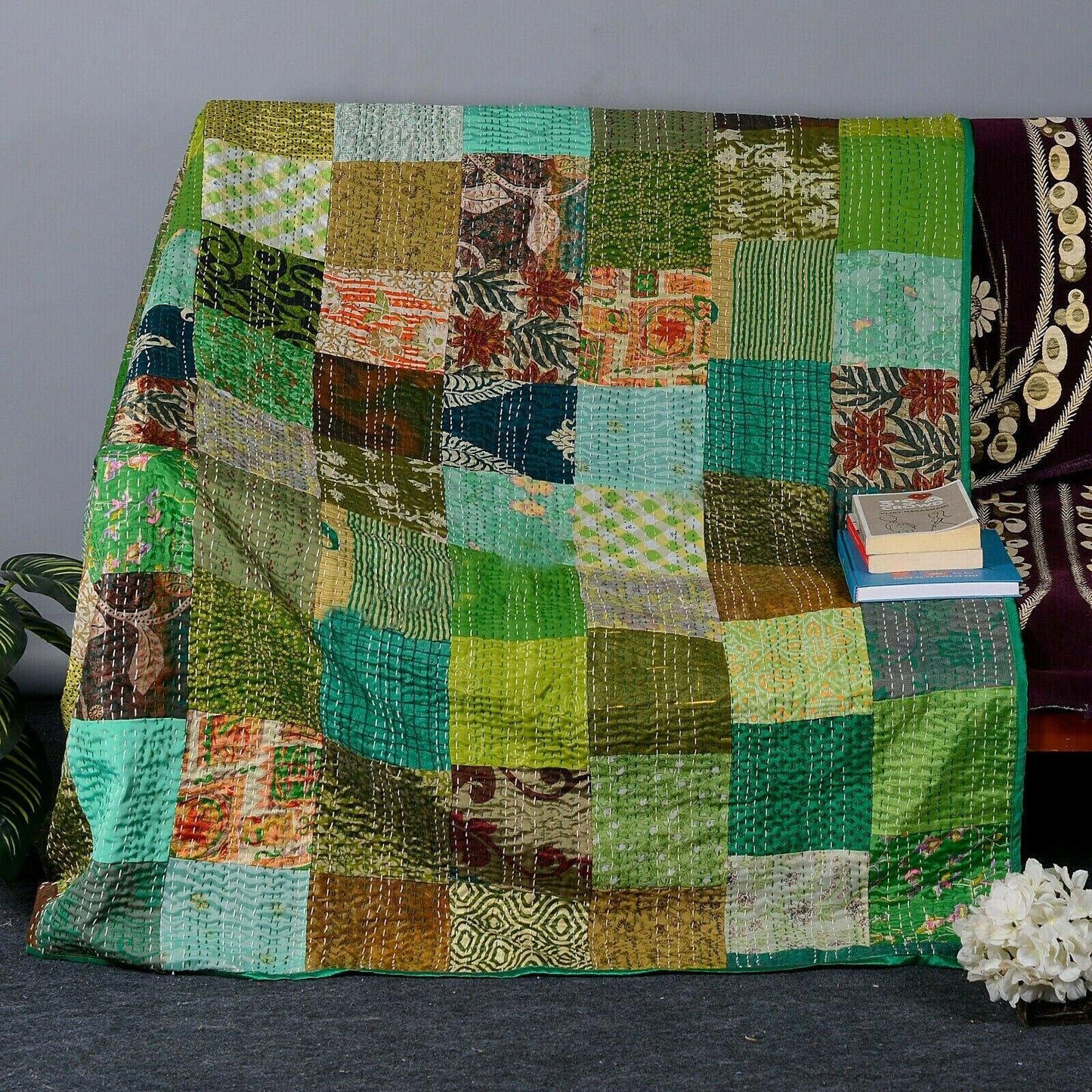 Handmade Silk Patchwork Quilts Patola Indian Vintage Kantha Bedspread Throw Cotton Handmade Quilt Patchwork Blanket