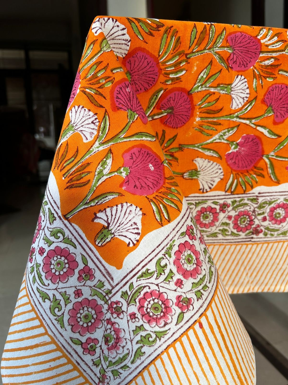 Tangerine Orange and Pink Indian 60x90 Inches Hand Block Printed Floral Tablecloth, Wedding Home Party Event Restaurant Outdoor Gift Dinner