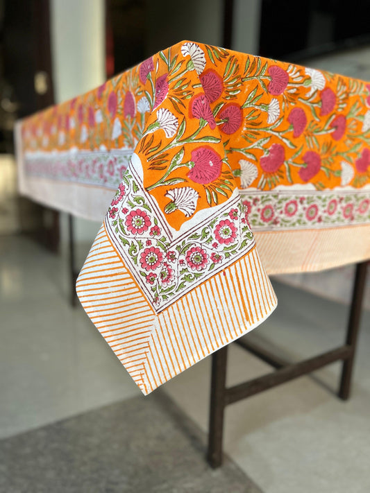 Tangerine Orange and Pink Indian 60x90 Inches Hand Block Printed Floral Tablecloth, Wedding Home Party Event Restaurant Outdoor Gift Dinner