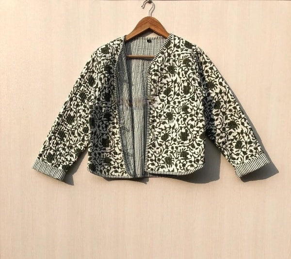 Cotton Women's Quilted Jacket Block Printed Boho Style Quilted Handmade Jackets, Coat Holidays Gifts Button Closer Jacket for Women Gifts