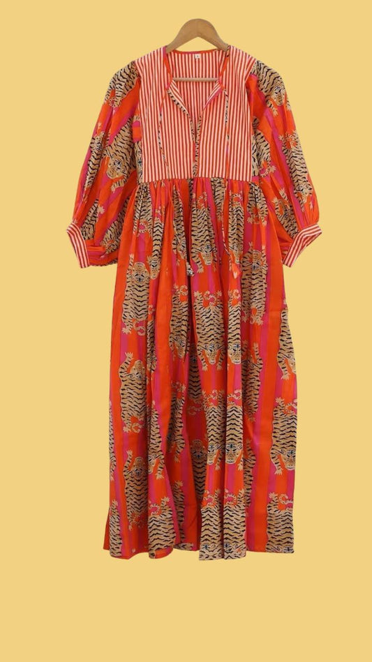 Orange Stripes Tiger Print Cotton Mid Dress, Mini Dress, Long Block Print Dress, Deep Neck with string closer Summer Dresses Pom Night Dress